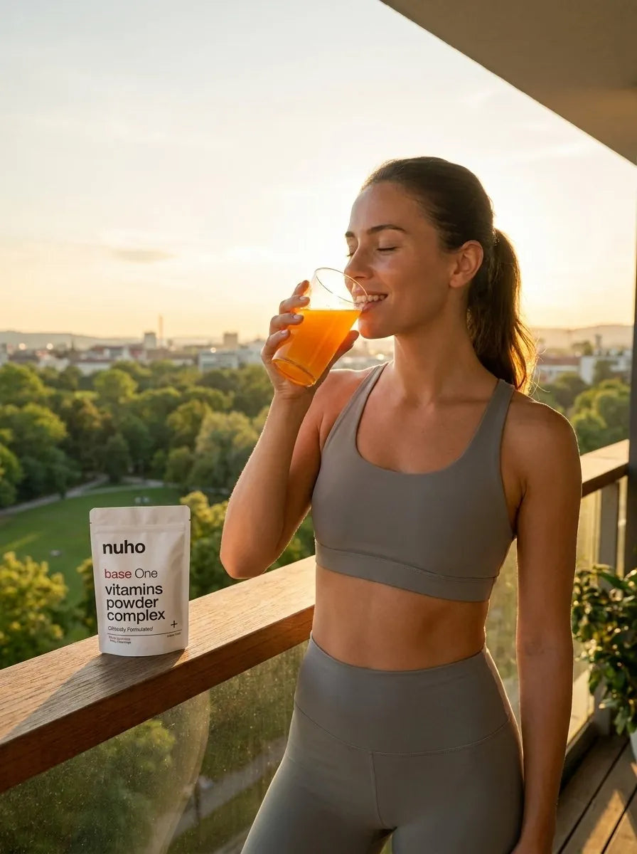 Eine Frau trinkt ihr base One Glas bei Sonnenaufgang auf dem Balkon