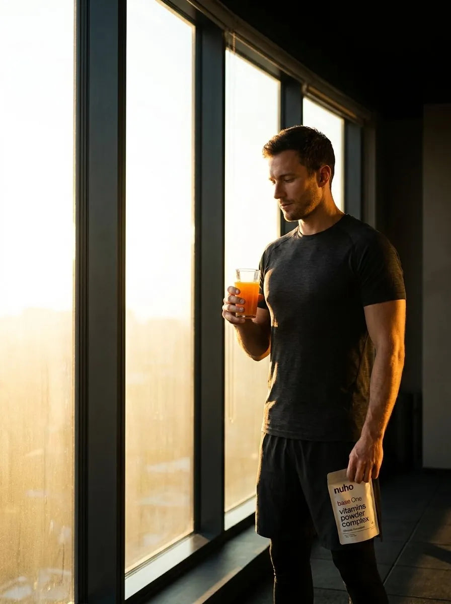 Ein Mann trinkt sein base One Glas nach dem Sport